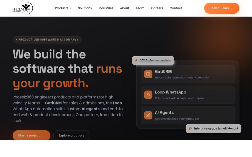 Phoenix360 product suite — GatiCRM, Loop WhatsApp, AI Agents